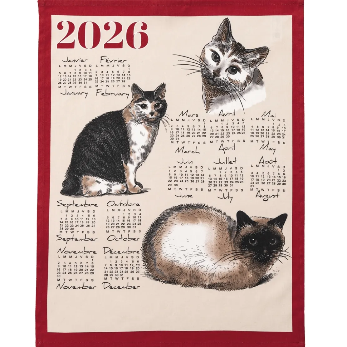 Lot de 3 torchons calendrier chat/chien/animaux de la forêt 2026
