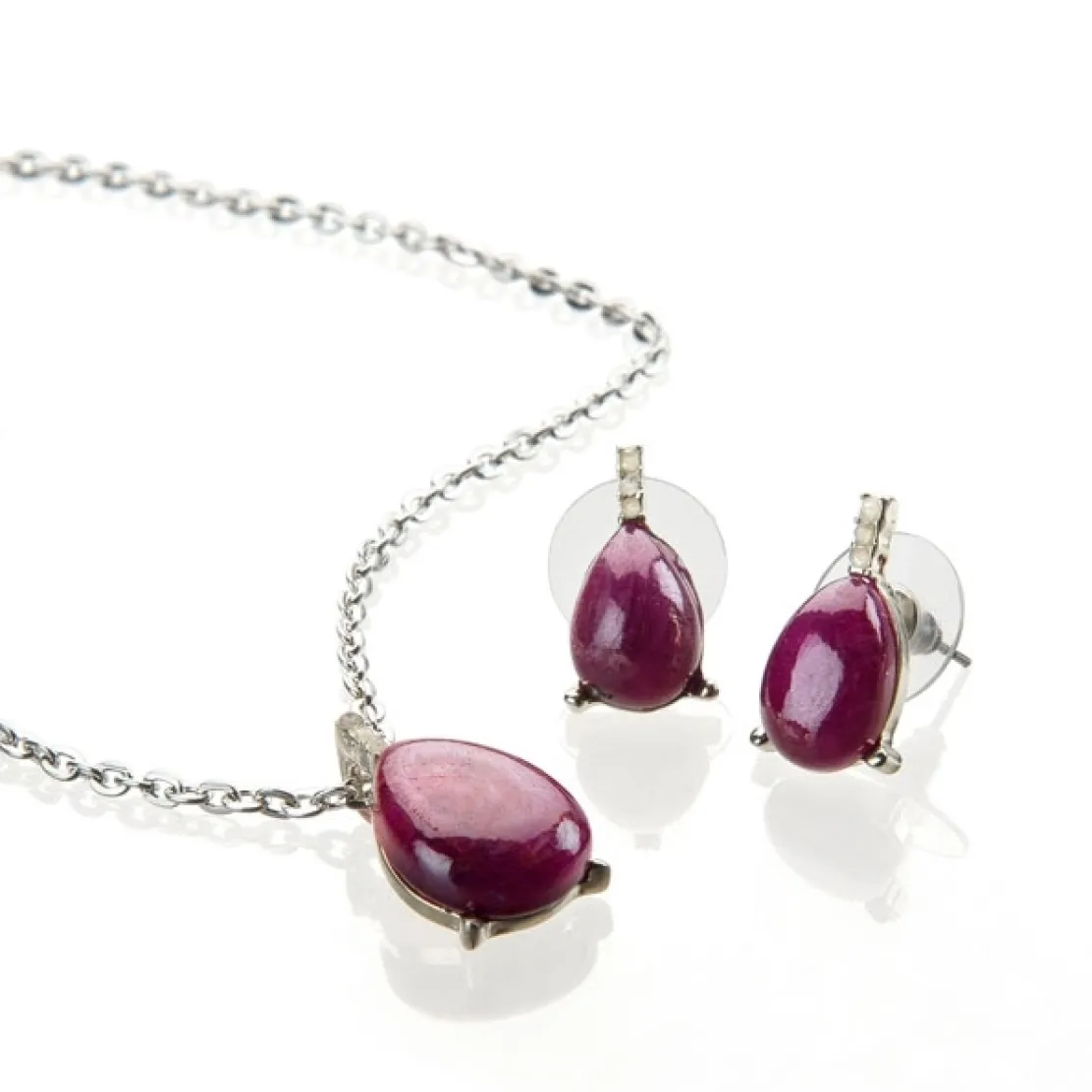 Parure pendentif + boucles d'oreilles goutte bordeaux