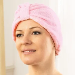 Turban sèche-cheveux rose